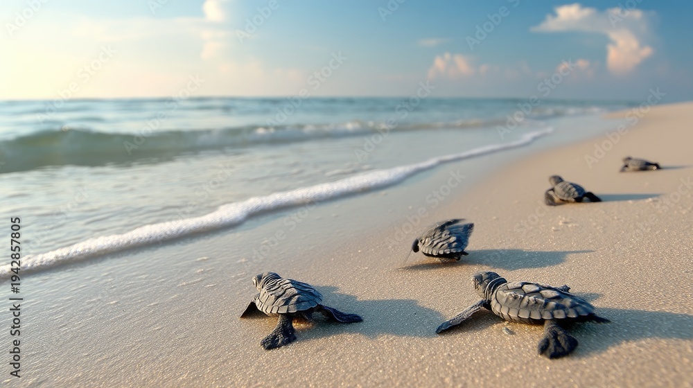 Obraz premium Newborn sea turtles hatch and make their way across sandy beach toward ocean under soft sunlight and gentle waves in a tranquil coastal setting