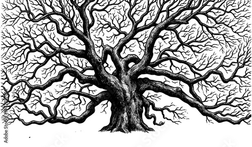 Leafless oak tree vintage engraving style hand drawn branched tree vector illustration