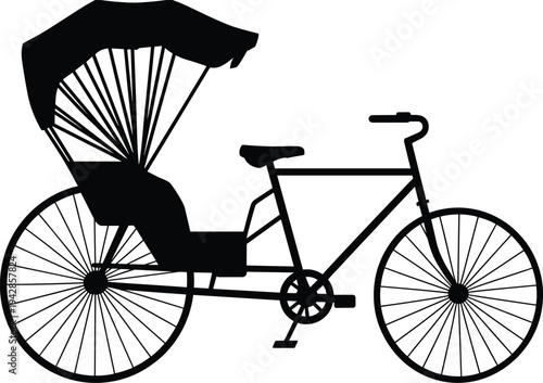 Black silhouette of a traditional cycle rickshaw from Bangladesh or India isolated on white background, vintage transport vector illustration for Asian travel and culture.