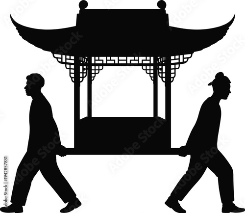 Black silhouette of two men carrying a traditional Chinese sedan chair or palanquin isolated on white background, vintage Asian cultural transport vector illustration.