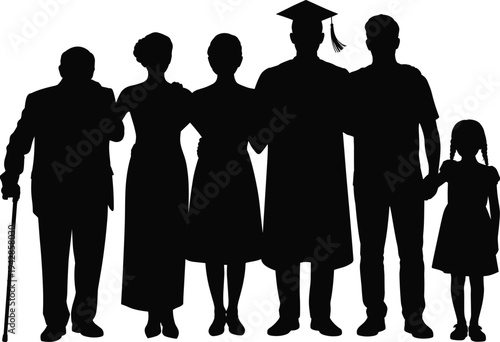 Successful male graduate silhouette standing with multi-generational family including parents grandparents and child for graduation ceremony achievement and proud family support celebration concepts