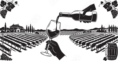 Wine pouring into a glass in a vineyard isolated on transparent background, Vector