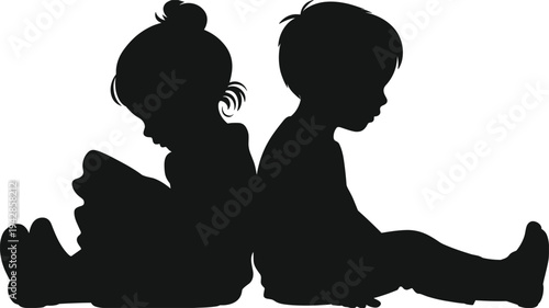 Black silhouette of a young boy and girl sitting back to back for childhood friendship, sibling bond, early education, and preschool growth concepts