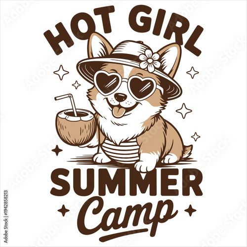Cute corgi dog in summer hat and heart sunglasses with coconut drink