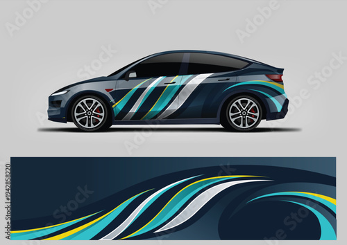 Abstract stripe racing car wrap design. Vector wrap template for vehicle graphics.