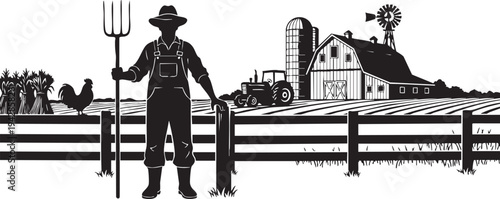 A farmer stands in front of a farm isolated on transparent background, Vector