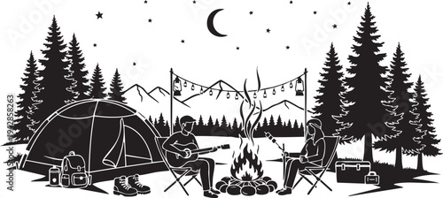 A campsite in the woods with a tent and a fire isolated on transparent background, Vector