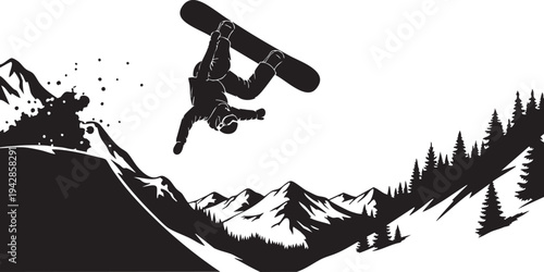 Snowboarder performs aerial stunt on mountain slope isolated on transparent background, Vector