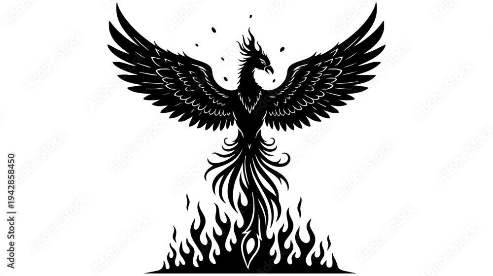 Obraz premium A black and white image of a phoenix rising from the flames isolated on transparent background, Vector