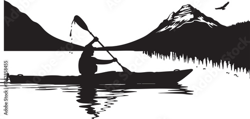 A person kayaking on a lake with mountains in the background isolated on transparent background, Vector