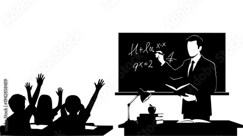 A teacher in a classroom giving a lesson to students isolated on transparent background, Vector