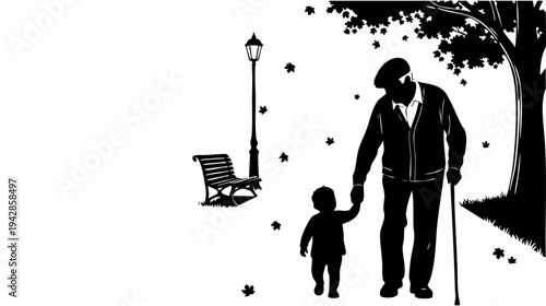A silhouette of an old man and a child walking hand in hand isolated on transparent background, Vector