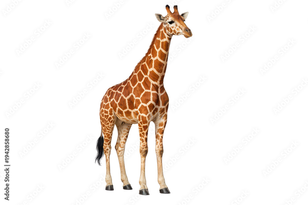 Fototapeta premium Full body shot of a majestic adult giraffe with distinctive brown and orange patterned fur, standing gracefully and looking to the right, showcasing its long neck and legs. isolated PNG with