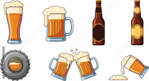 Set of beer icons featuring glass mugs with foam bottles and a bottle cap in colorful cartoon style for brewery and pub design.