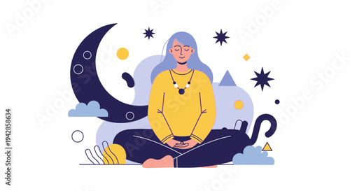 Meditating Woman Illustration with Moon and Night Sky Background