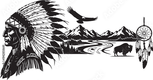 A black and white drawing of a native american with a dreamcatcher and mountains isolated on transparent background, Vector