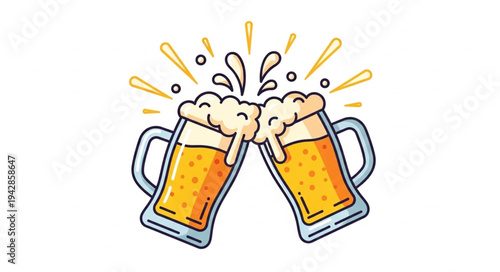 Two cartoon beer mugs toasting with foamy splashes and celebratory sparkles.