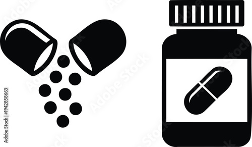 Medicine Capsule and Pill Bottle Vector Icon Set - Healthcare and Pharmaceutical Industry Design