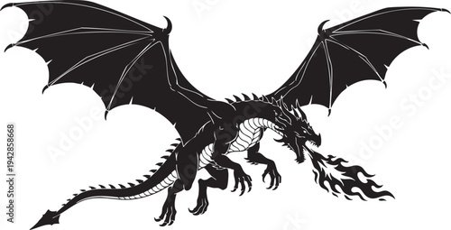 A black dragon flying through the air with fire coming out of its mouth isolated on transparent background, Vector