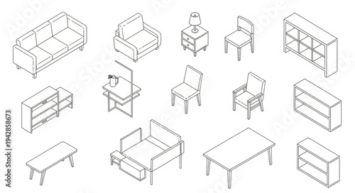Minimalist Isometric Furniture Line Art Collection.