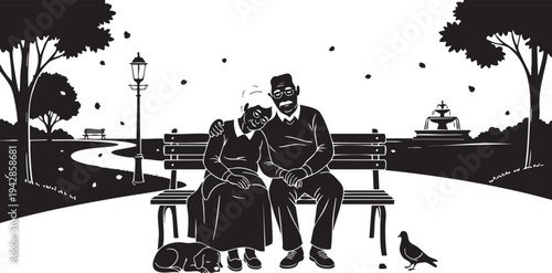 A man and woman sitting on a bench with a dog isolated on transparent background, Vector
