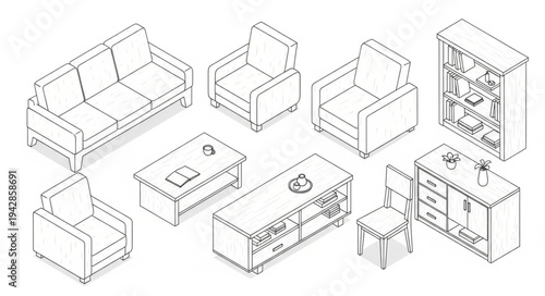 Isometric line art drawing of various furniture pieces for home or office interior design.