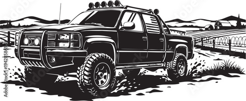 A black and white drawing of a pickup truck in a rural setting isolated on transparent background, Vector