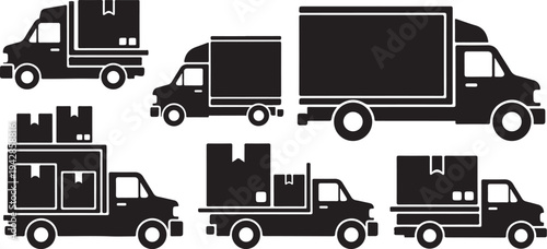 Black and white delivery trucks with boxes illustration set