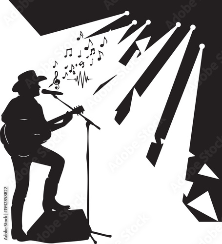 A musician performs on stage with a guitar and microphone isolated on transparent background, Vector