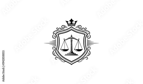 Classic heraldic justice scale shield logo vector luxury law firm emblem isolated on white