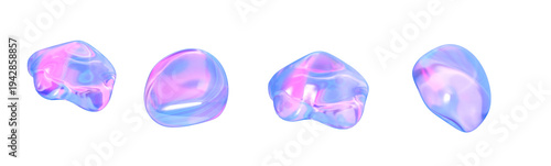 Holographic liquid glass blob shapes set. Abstract chromatic gel bubbles and crystal stones in futuristic glossy