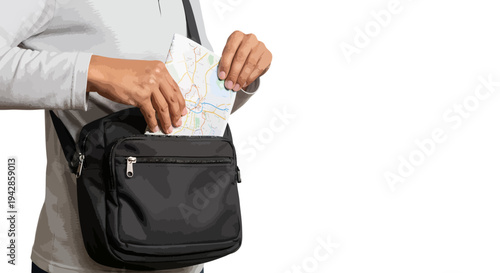 Person with map in black crossbody bag on white background
