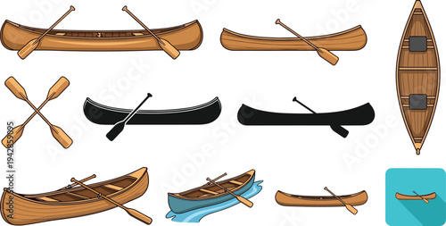 Wooden Canoe Boats and Paddles Collection Vector Illustration Set