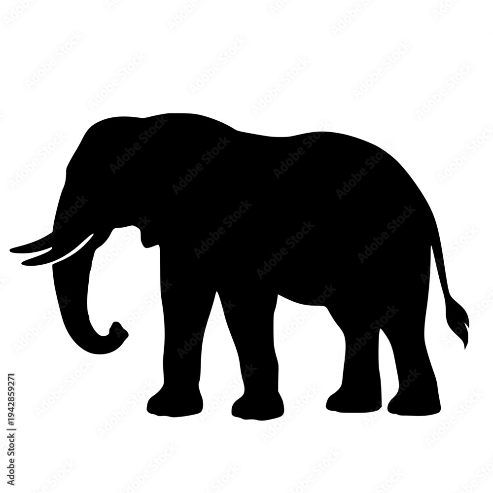 Obraz premium Elephant with Raised Trunk, Black silhouette of an elephant with trunk raised.