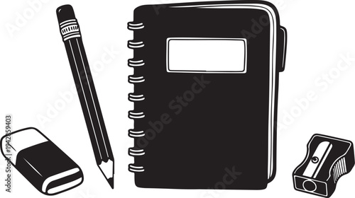 Black notebook with pencil and sharpener on white background