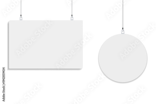 Empty hanging paper frames, horizontal rectangle and round white signs with realistic shadows, vector isolated on clean background, perfect for design mockups, advertising or informational display.