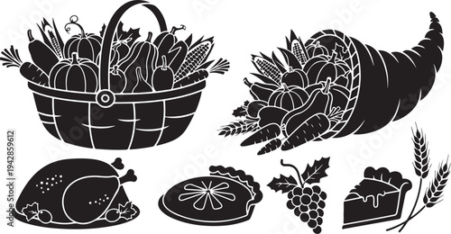 Thanksgiving food icons in black and white illustration style