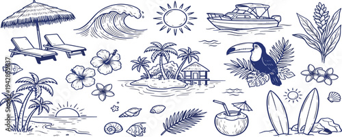 Hand drawn doodle beach and surf vector illustration set. Tropical coastal elements like palm trees, waves, surfboards, and sun perfect for summer designs, t-shirts, posters, and placard prints