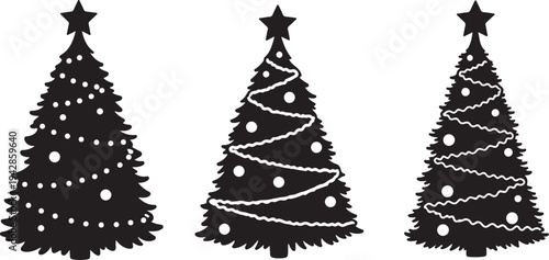 Black Silhouette Christmas Trees with White Decorations Isolated