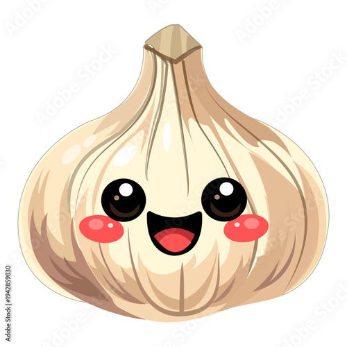 Vector illustration of garlic bulb with cute smiling face, rosy cheeks, and shiny eyes. Perfect for food, cartoon, playful, and design themes.