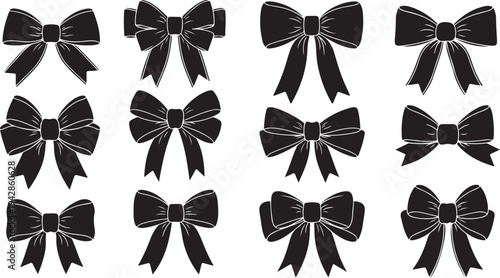 Collection of black bows with white details isolated