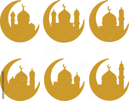 set of 6 Line Art Mosque on Moon icons transparent