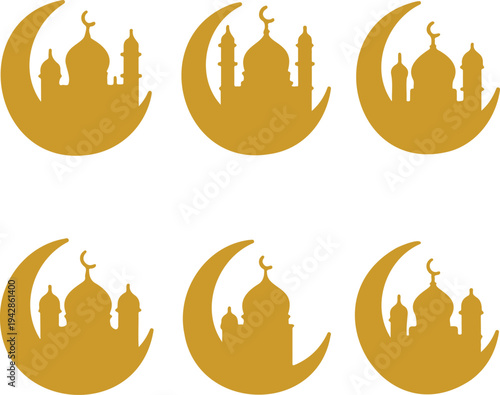 set of 6 Line Art Mosque on Moon icons transparent