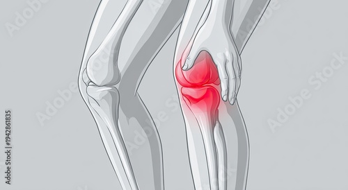 Anatomical illustration of a human knee with inflammation and pain