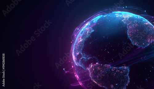 Glowing digital planet with light trails on dark background