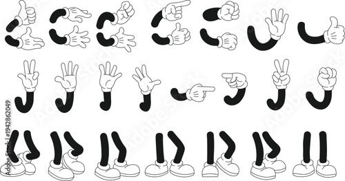 Cartoon hand gesture and legs pose icon set pointing thumbs up peace sign fist character limb collection vector illustration