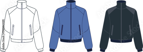 Unisex color block track jacket technical fashion sketch with high collar, full zip closure, and ribbed cuffs for sportswear design templates.