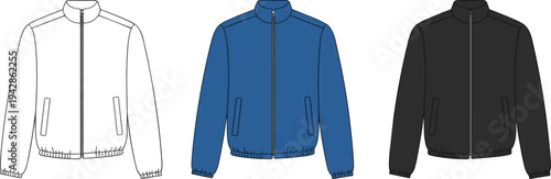 Men's casual bomber jacket technical fashion drawing template with a mock neck, full zip closure, and side pockets for design reference.