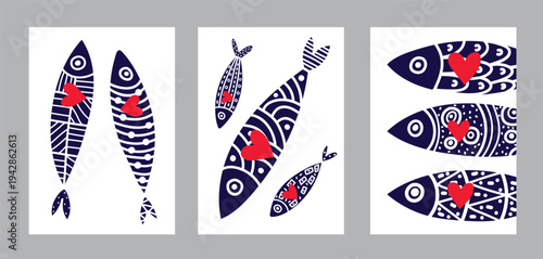  Interior poster with sardine. Cute set. 