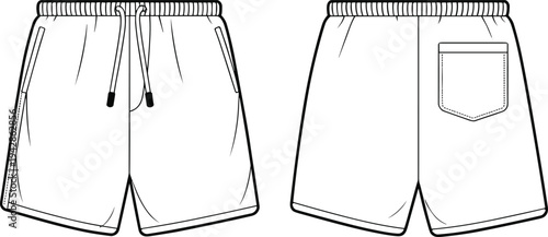 Unisex sportswear shorts fashion flat technical drawing template with elastic waistband, side pockets, and a back patch pocket for design reference.